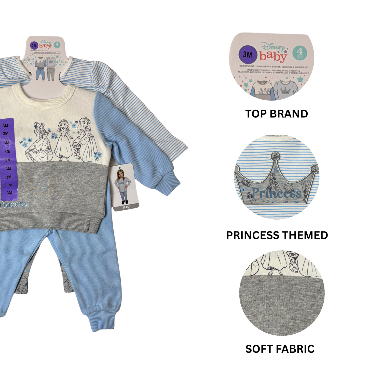 Baby Girls’ 4-Piece Princess Outfit Set Grey, Light Blue & White Size 3M