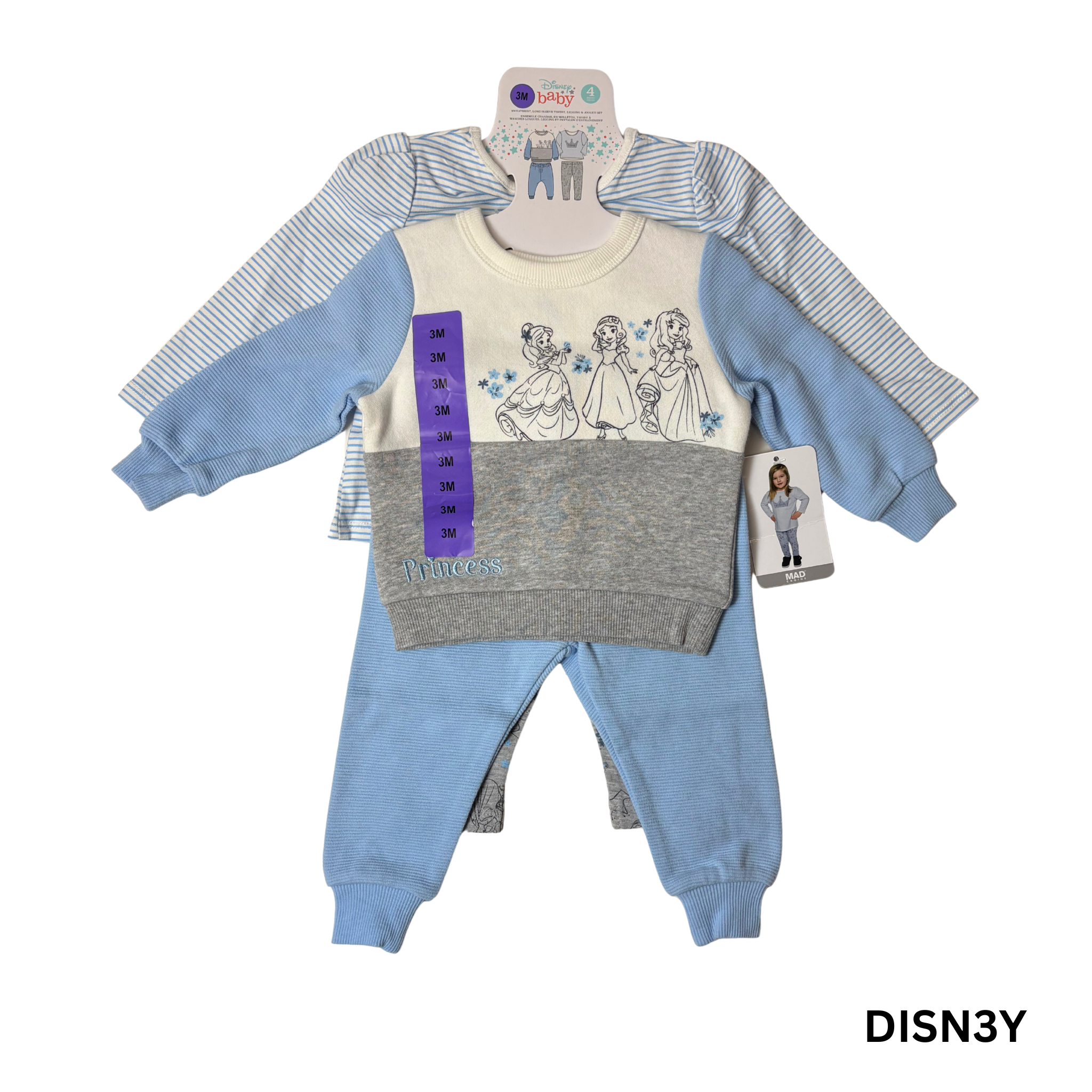 Baby Girls’ 4-Piece Princess Outfit Set Grey, Light Blue & White Size 3M