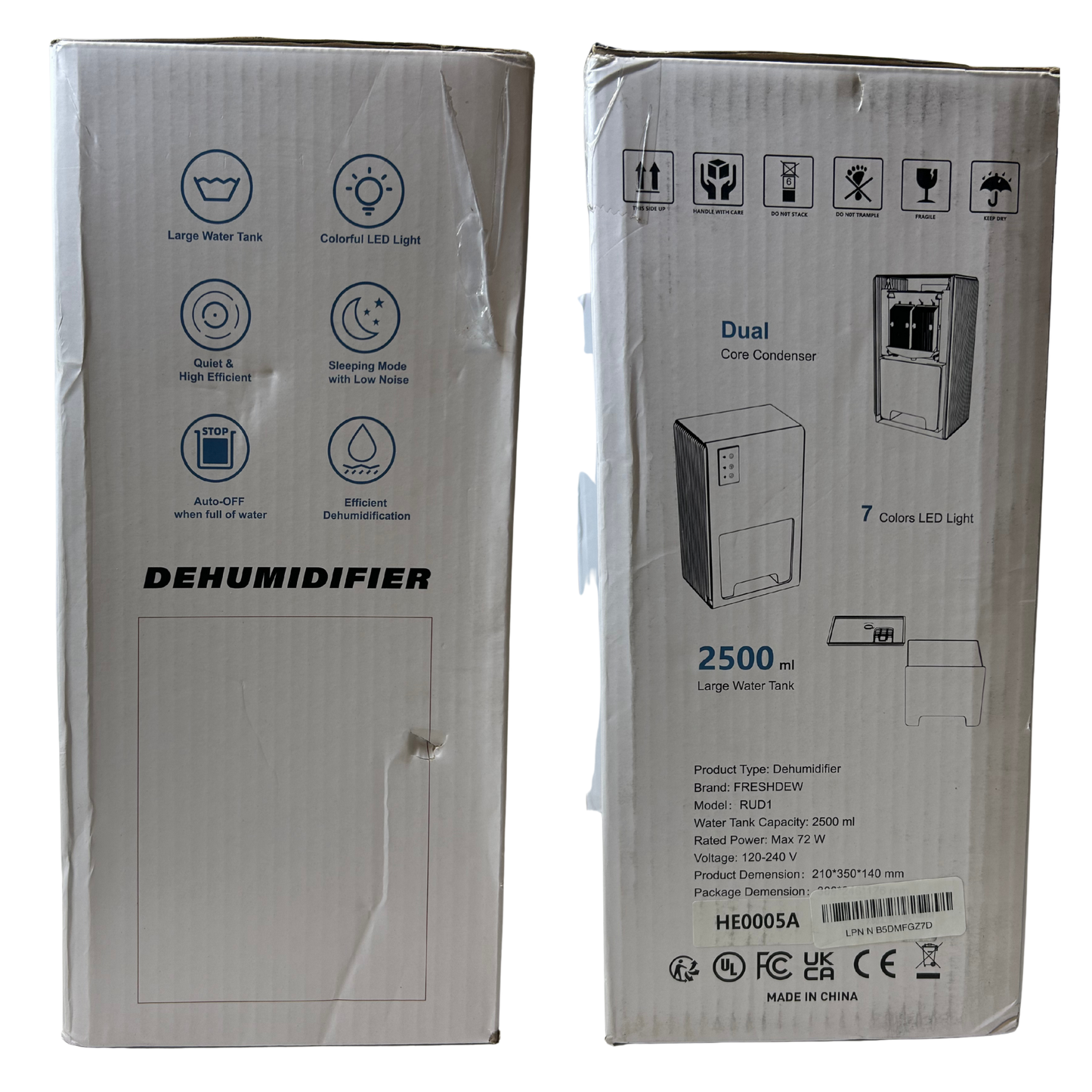 Freshdew Portable 85Oz Dehumidifier for Home – 960 Sq.Ft, Auto Shut Off, 7-Color LED, Bedroom, Bathroom, Closet, RV