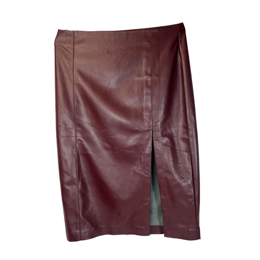 Faux Leather Midi Pencil Skirt – Chocolate Burgundy, Size L