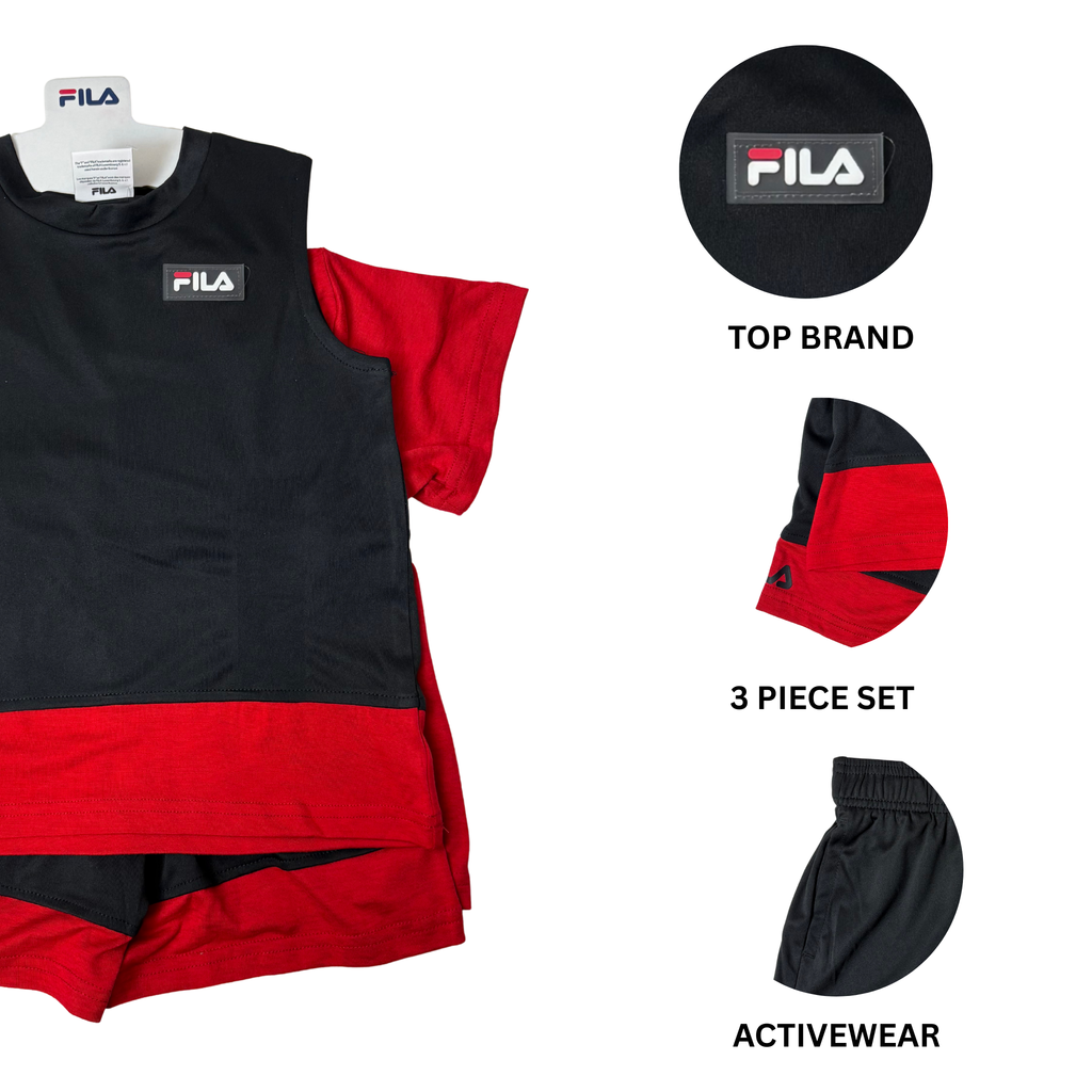 Boys’ Summer 3-Piece Set Red & Black Shirt, Tank & Shorts