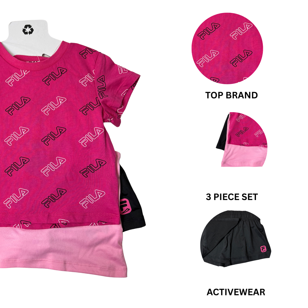 Girls’ Summer 3-Piece Set Pink & Black Shirt, Tank & Skort