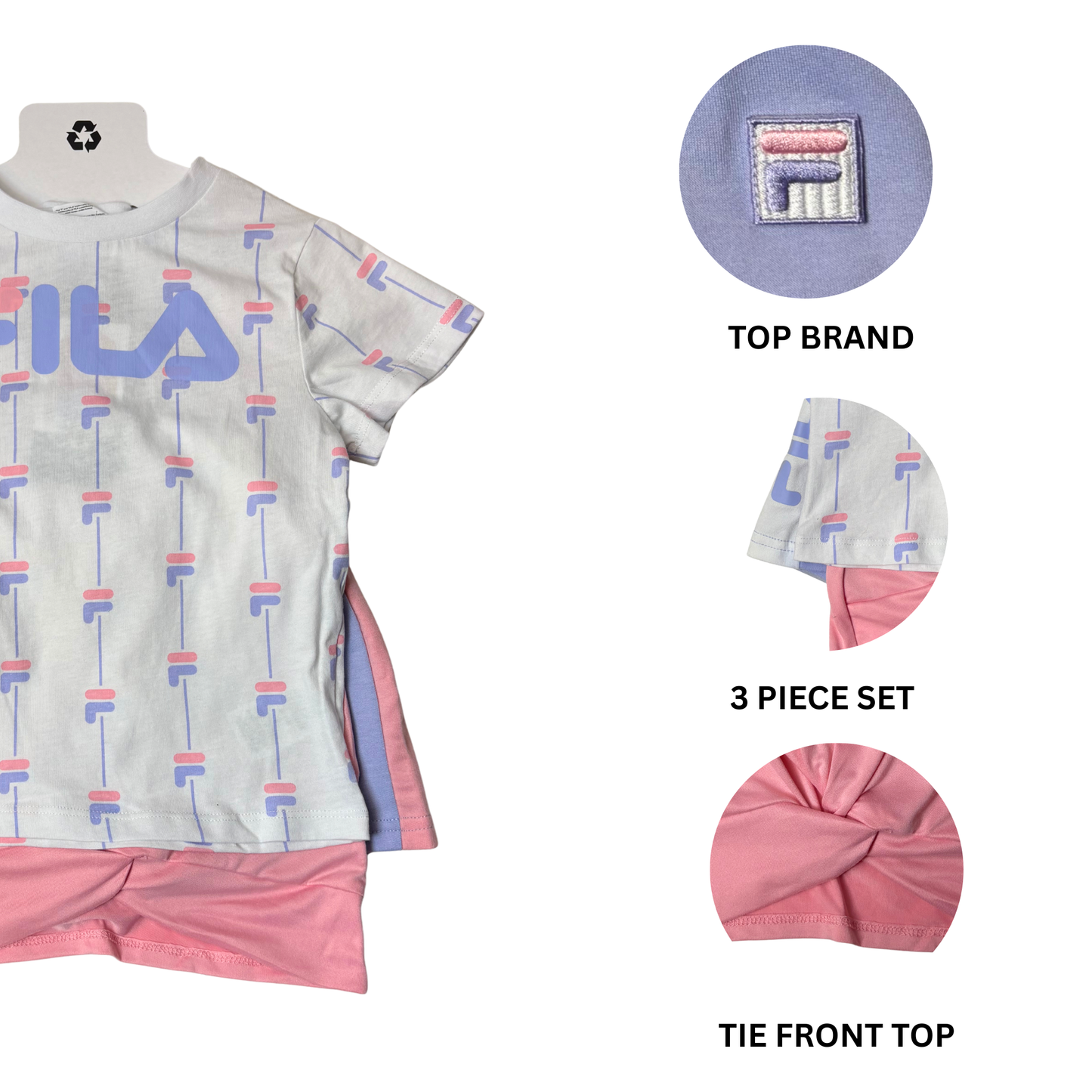Girls’ Summer 3-Piece Set Pink, Purple & White Shirt, Tank & Shorts