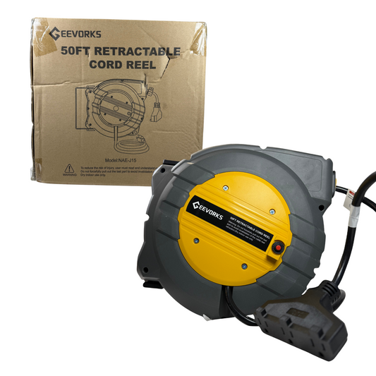 Retractable Power Cord Reel – 50+4.5 ft, 12AWG, 15.6A, Wall/Ceiling Mount