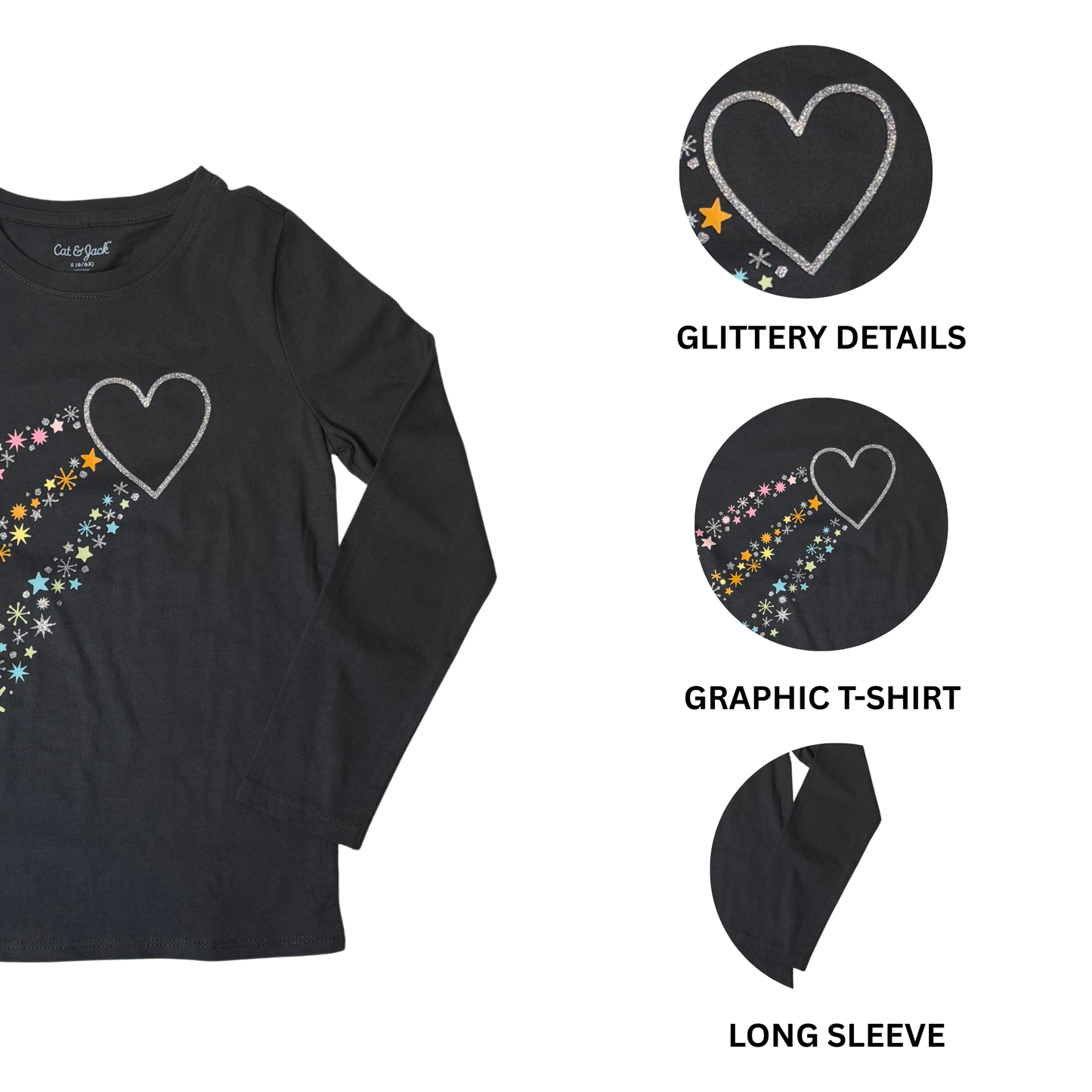 Girls Grey Heart and Star Long Sleeve T-Shirt