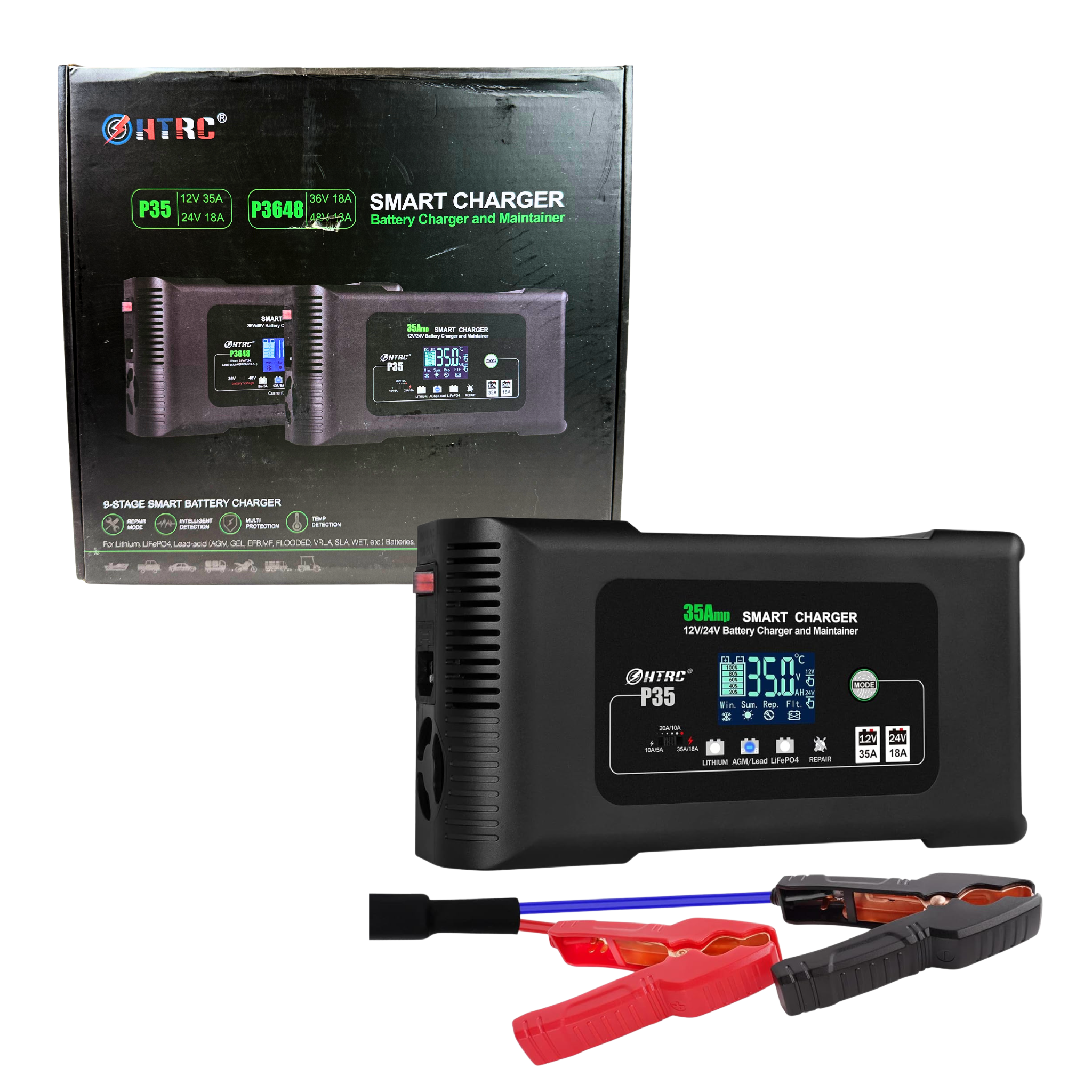35A Smart Battery Charger – 12V/24V Portable Charger & Maintainer for Lithium, LiFePO4, and Lead-Acid Batteries