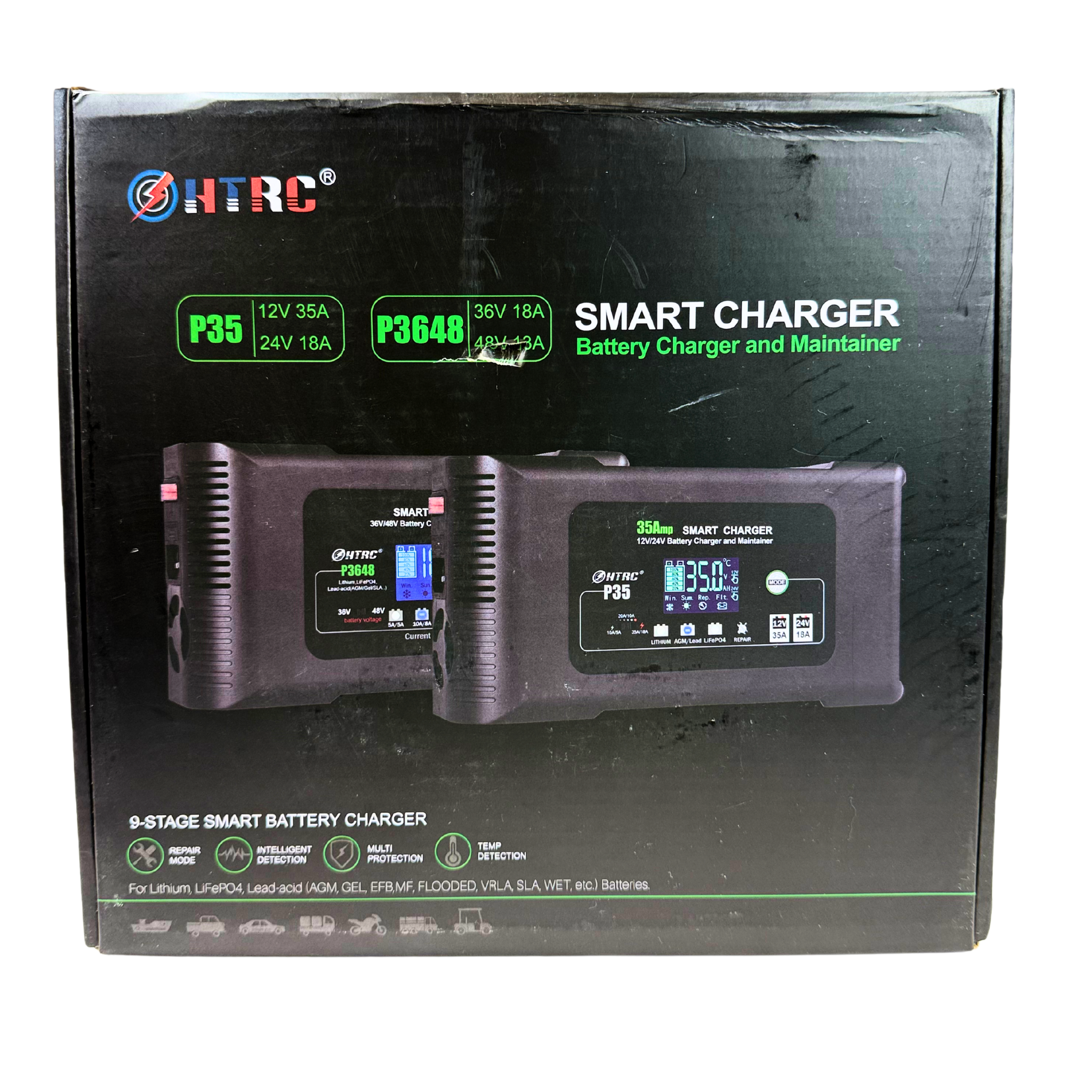 35A Smart Battery Charger – 12V/24V Portable Charger & Maintainer for Lithium, LiFePO4, and Lead-Acid Batteries