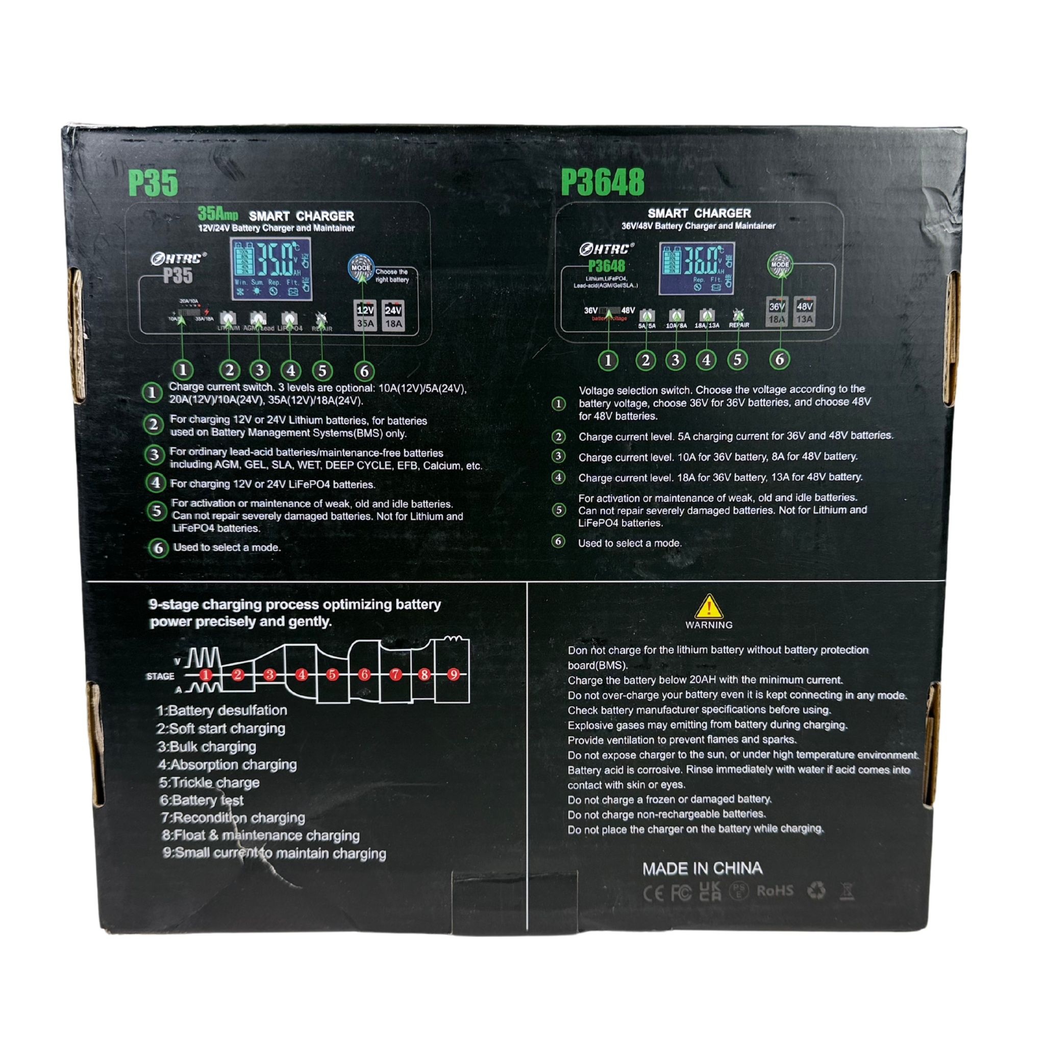 35A Smart Battery Charger – 12V/24V Portable Charger & Maintainer for Lithium, LiFePO4, and Lead-Acid Batteries