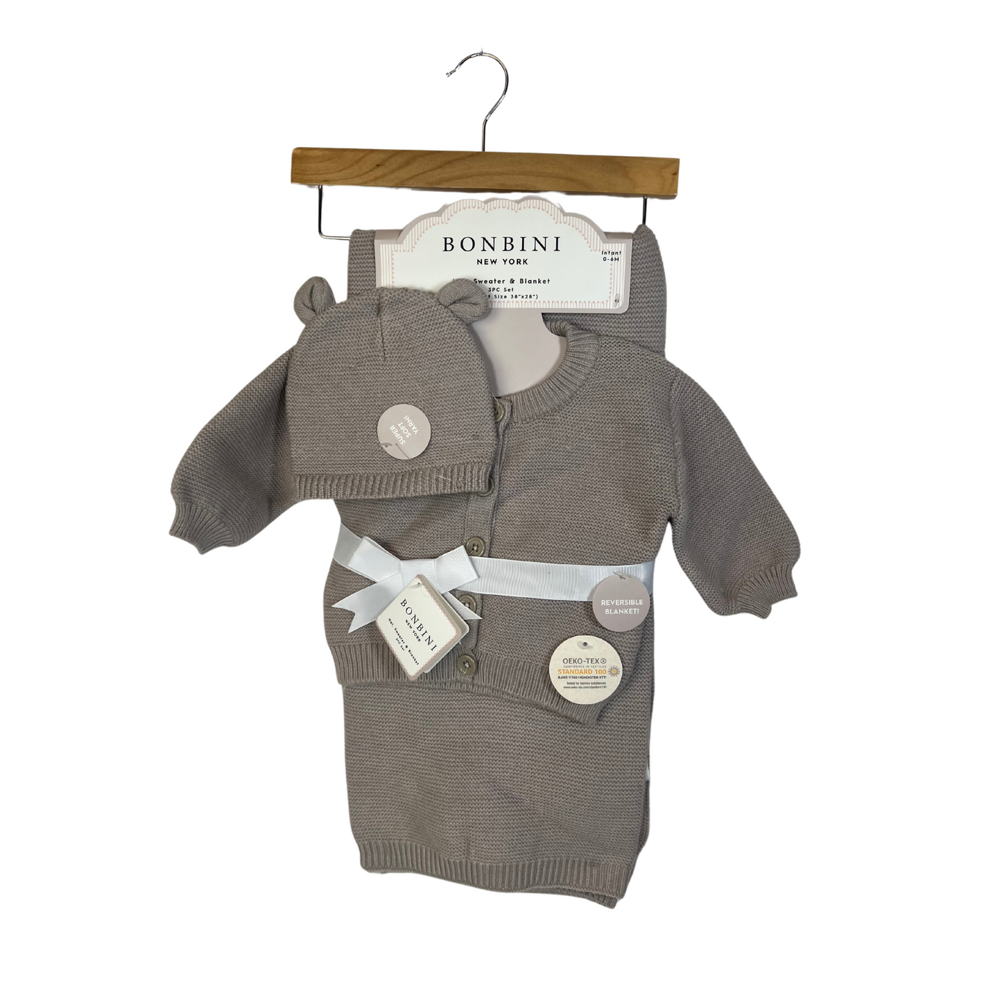 Infant 3-Piece Set: Hat, Sweater & Reversible Blanket (0-6M) – Light Brown