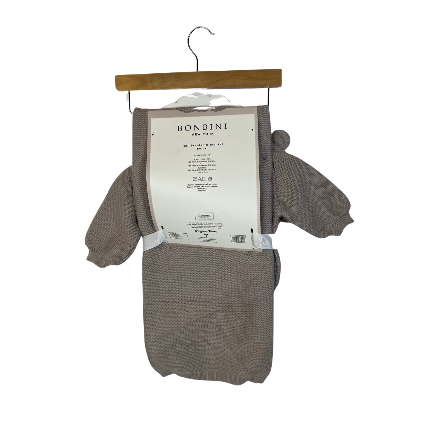 Infant 3-Piece Set: Hat, Sweater & Reversible Blanket (0-6M) – Light Brown