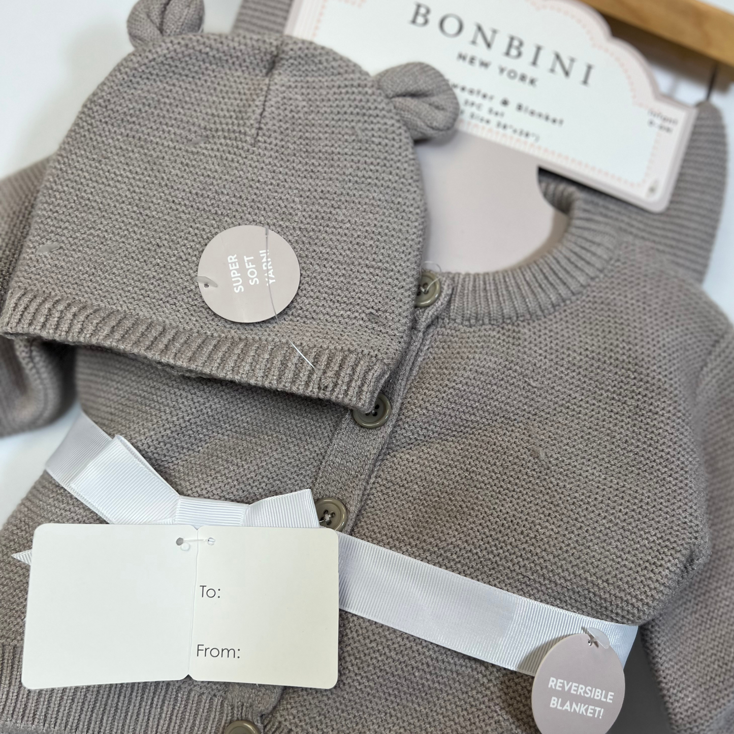 Infant 3-Piece Set: Hat, Sweater & Reversible Blanket (0-6M) – Light Brown