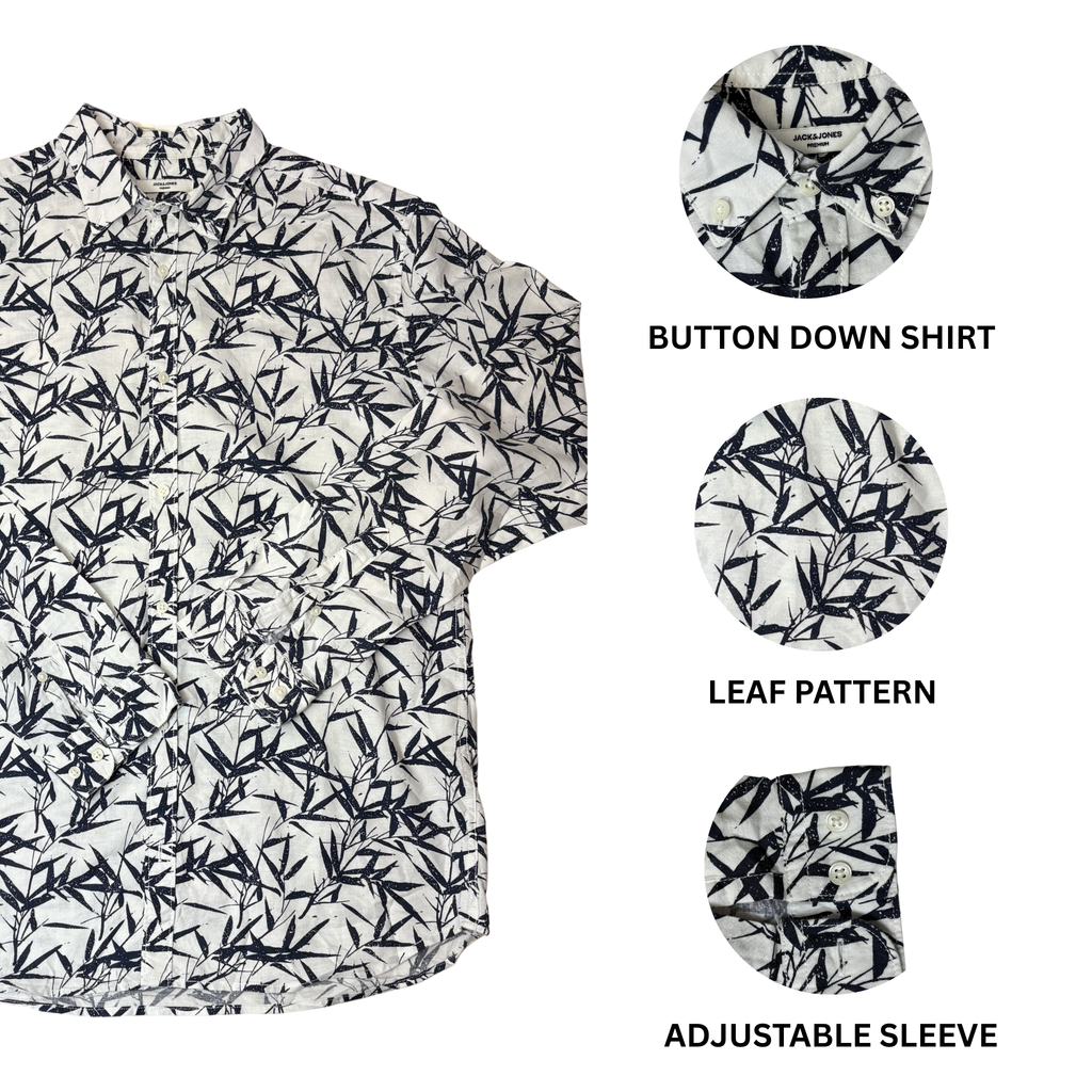 Men’s Leaf Pattern Long Sleeve Button-Down Shirt – Size L