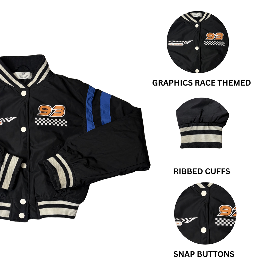Kids Black Motorsport Bomber Jacket – Size 9-10 Years