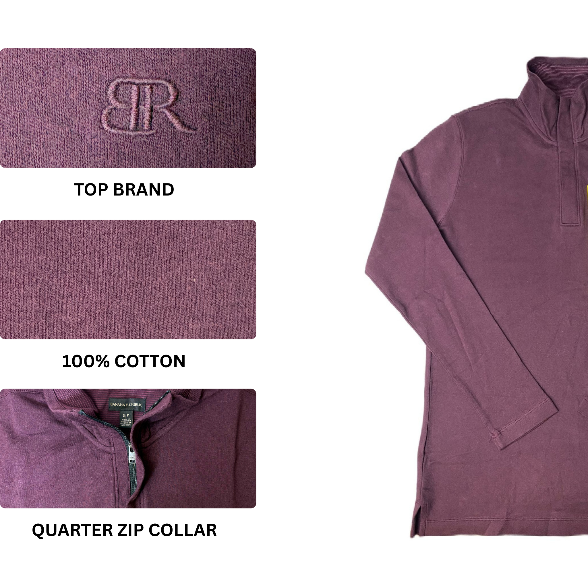 Men's Dark Maroon Long Neck 1/4 Zip Shirt - S