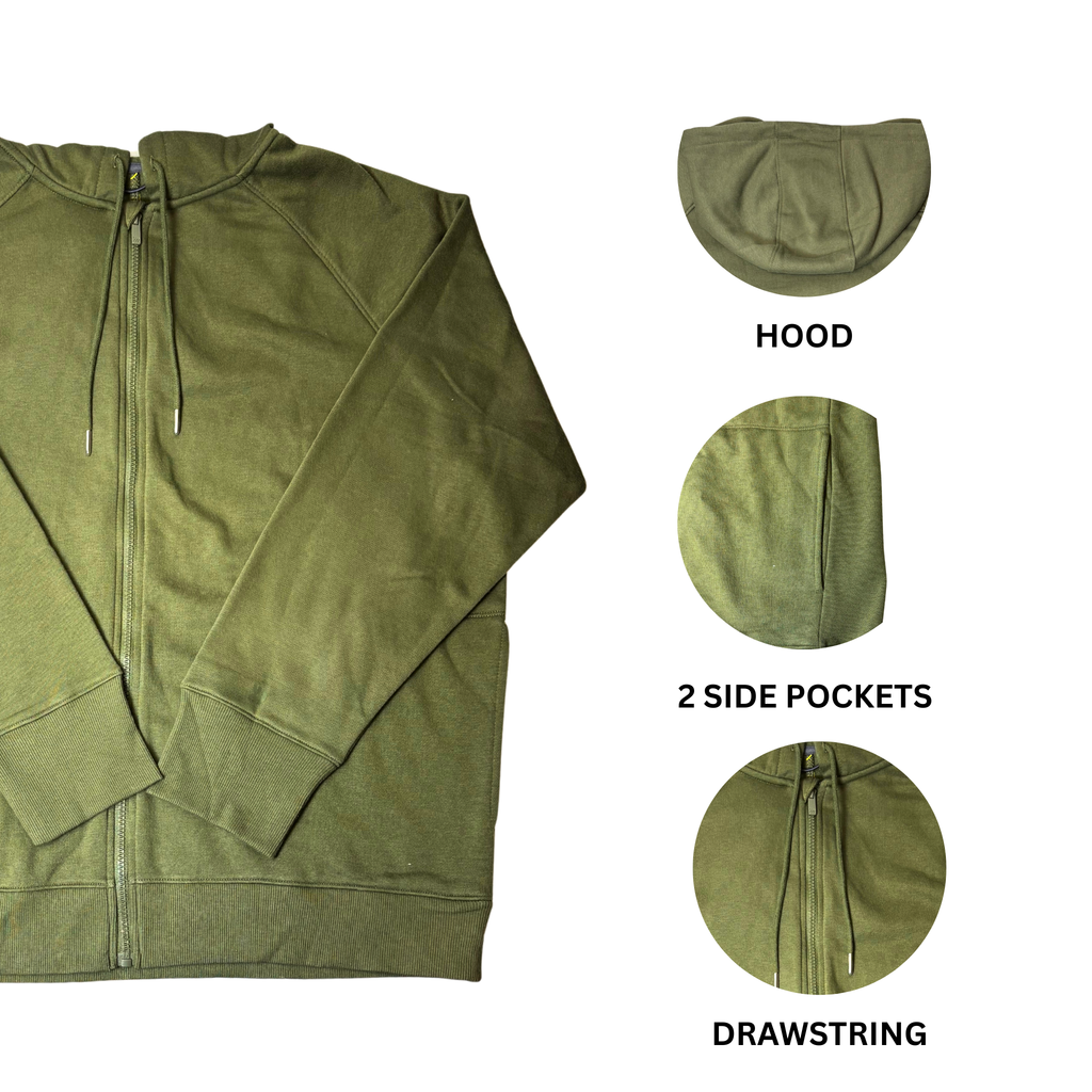 Men's Green Cotton Fleece Full Zip Sweater - XL