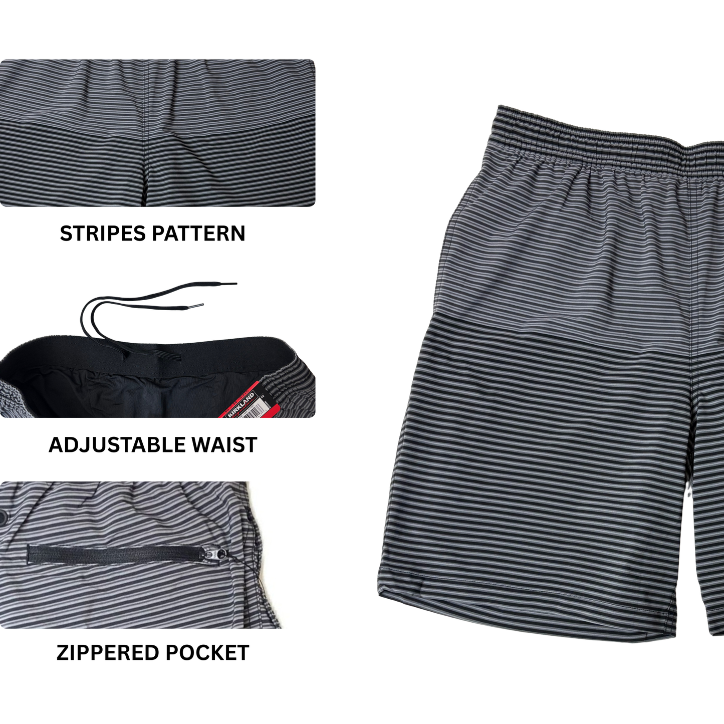 Men's Grey & Black Striped Zipper Back Pocket Swim Short