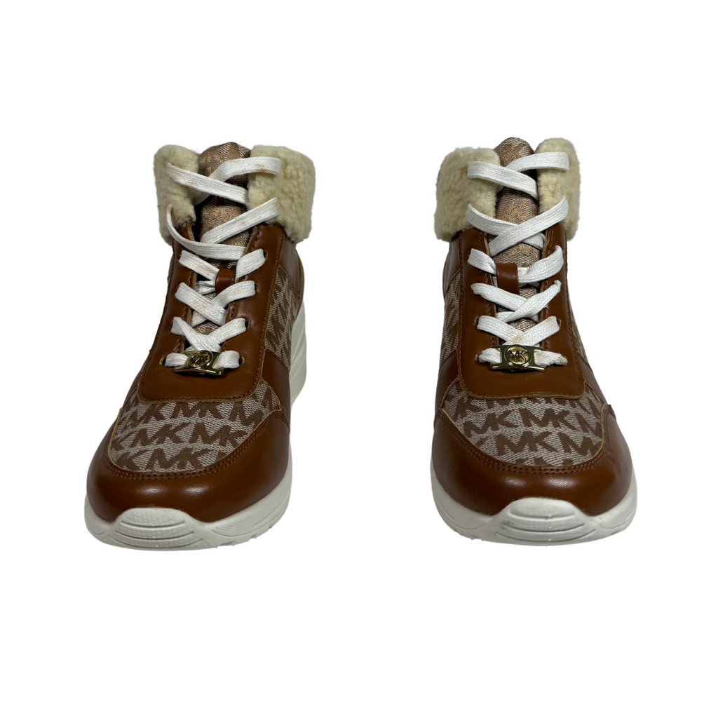MK Tan Tahoe Wedge Boots with Monogram Faux Sherpa Trim, Girls' Size 5 (US), Euro 36, UK 4
