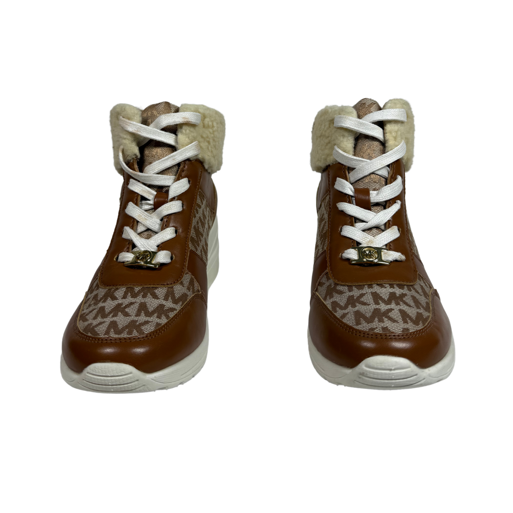 MK Tan Tahoe Wedge Boots with Monogram Faux Sherpa Trim, Girls' Size 5 (US), Euro 36, UK 4