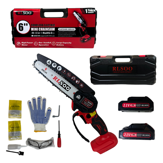 6-Inch Cordless Mini Chainsaw – Portable, Battery-Powered, Includes 2 Batteries & 3 Chains (Red)