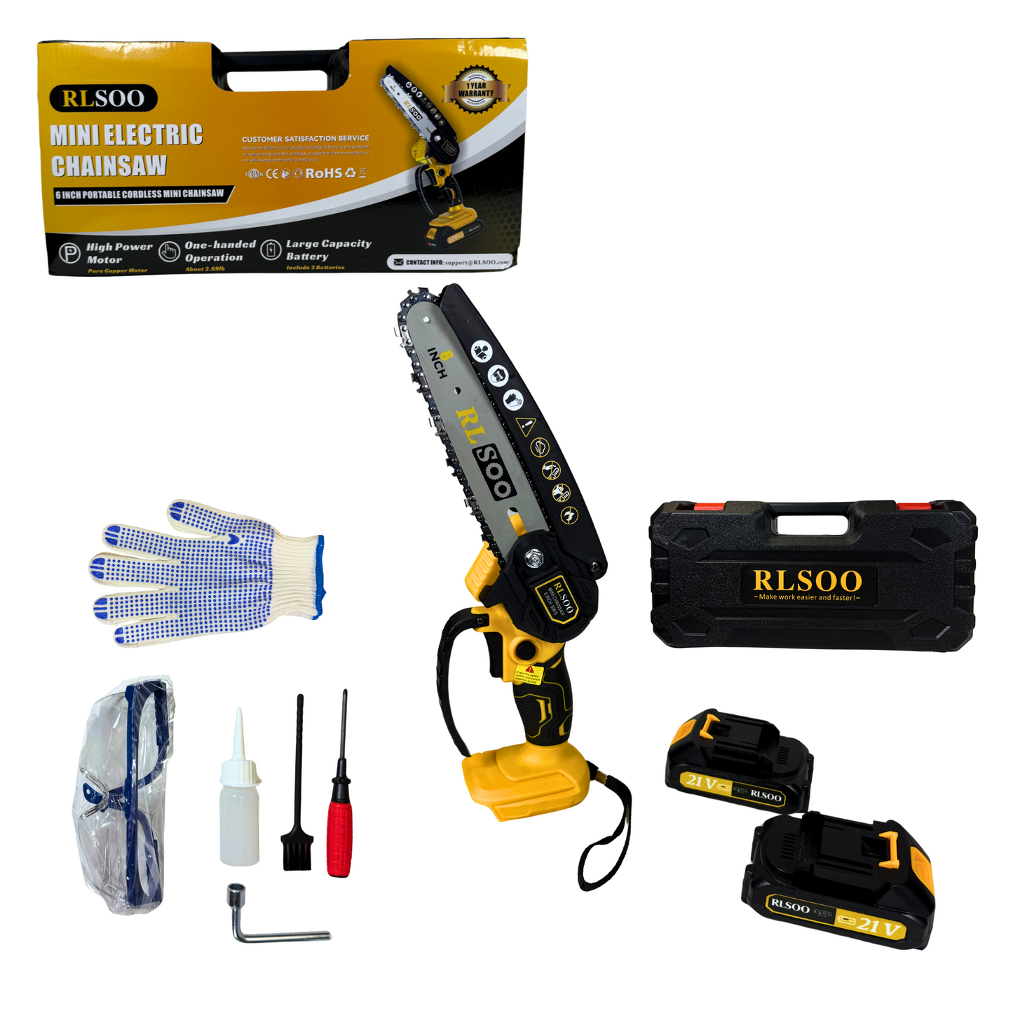 6-Inch Cordless Mini Chainsaw – Portable, Battery-Powered, Includes 2 Batteries & 3 Chains