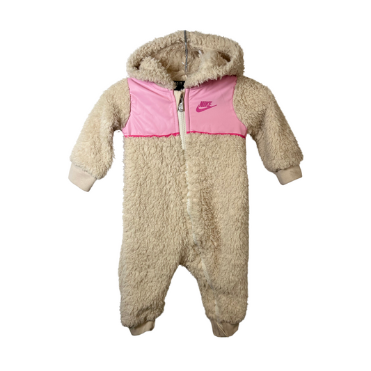 Baby Girl Sherpa Fleece Hooded Coverall - Light Orewood/Pink, 6 Months