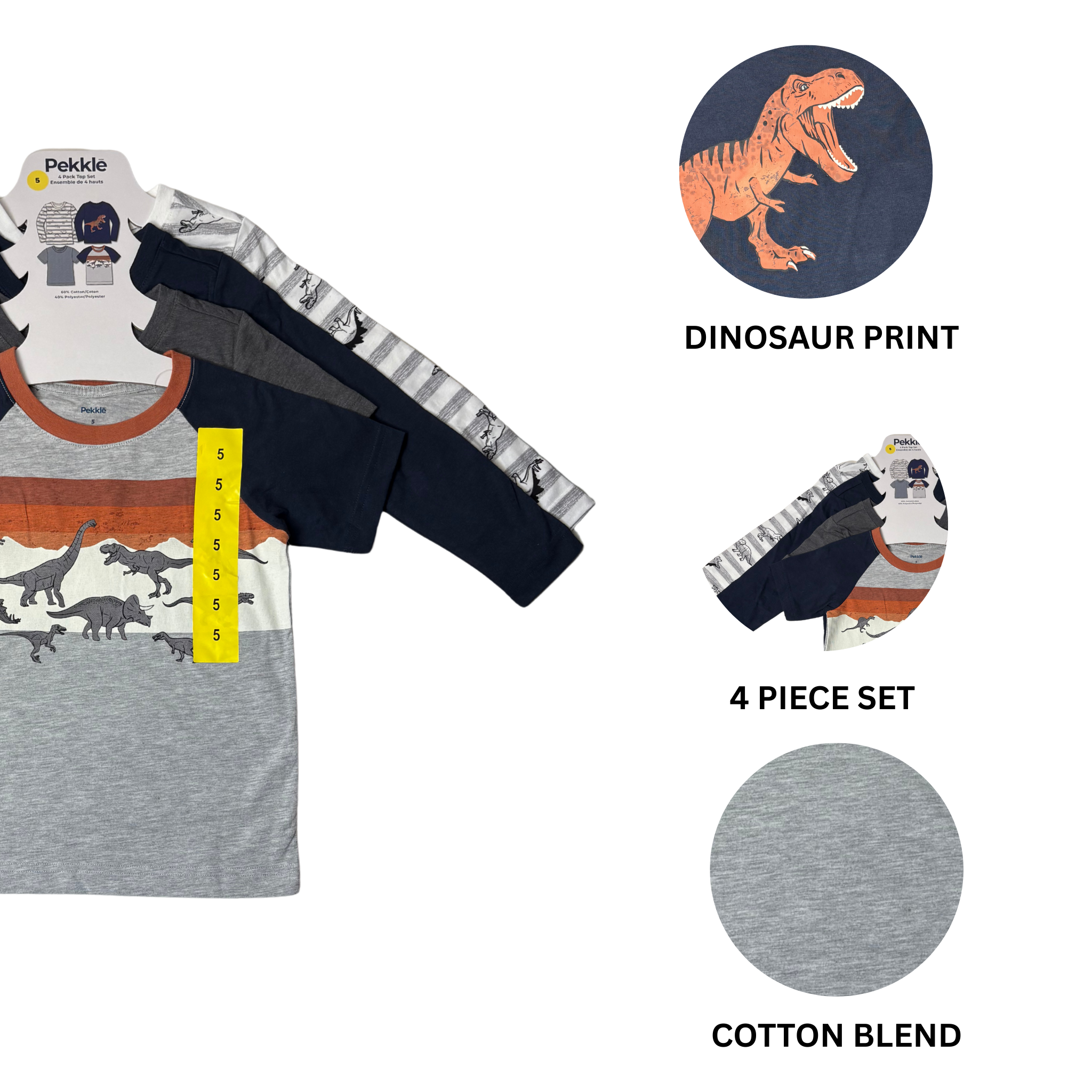 Boys’ 4-Pack Dinosaur-Themed Tops Size 5