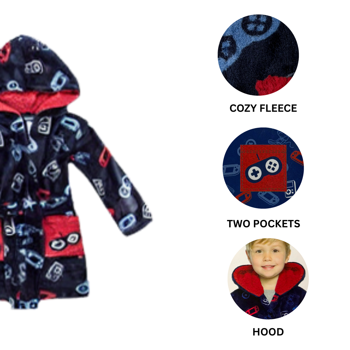 Boys Blue and Red Gaming Hooded Bathrobe - S (6)