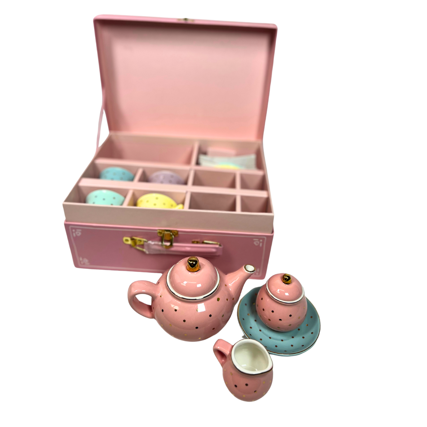 Porcelain Tea Set for Girls – Pastel & Gold Polka Dot Tea Party Set