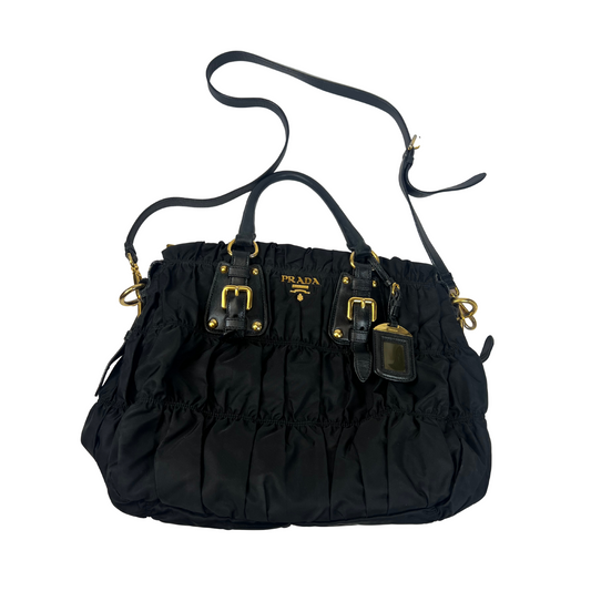 Pre-loved Tessuto Gaufre Nylon Black Pleated Satchel Bag with Leather Trim