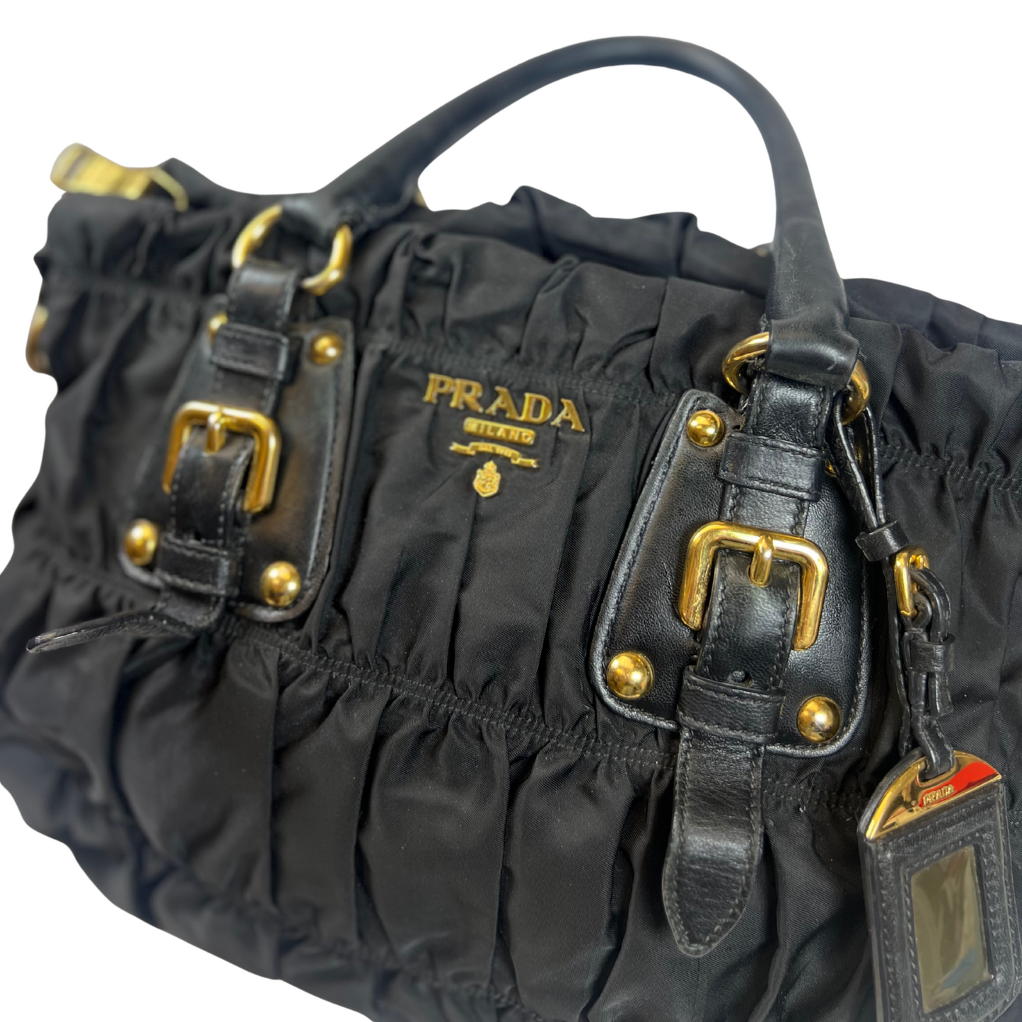Pre-loved Tessuto Gaufre Nylon Black Pleated Satchel Bag with Leather Trim