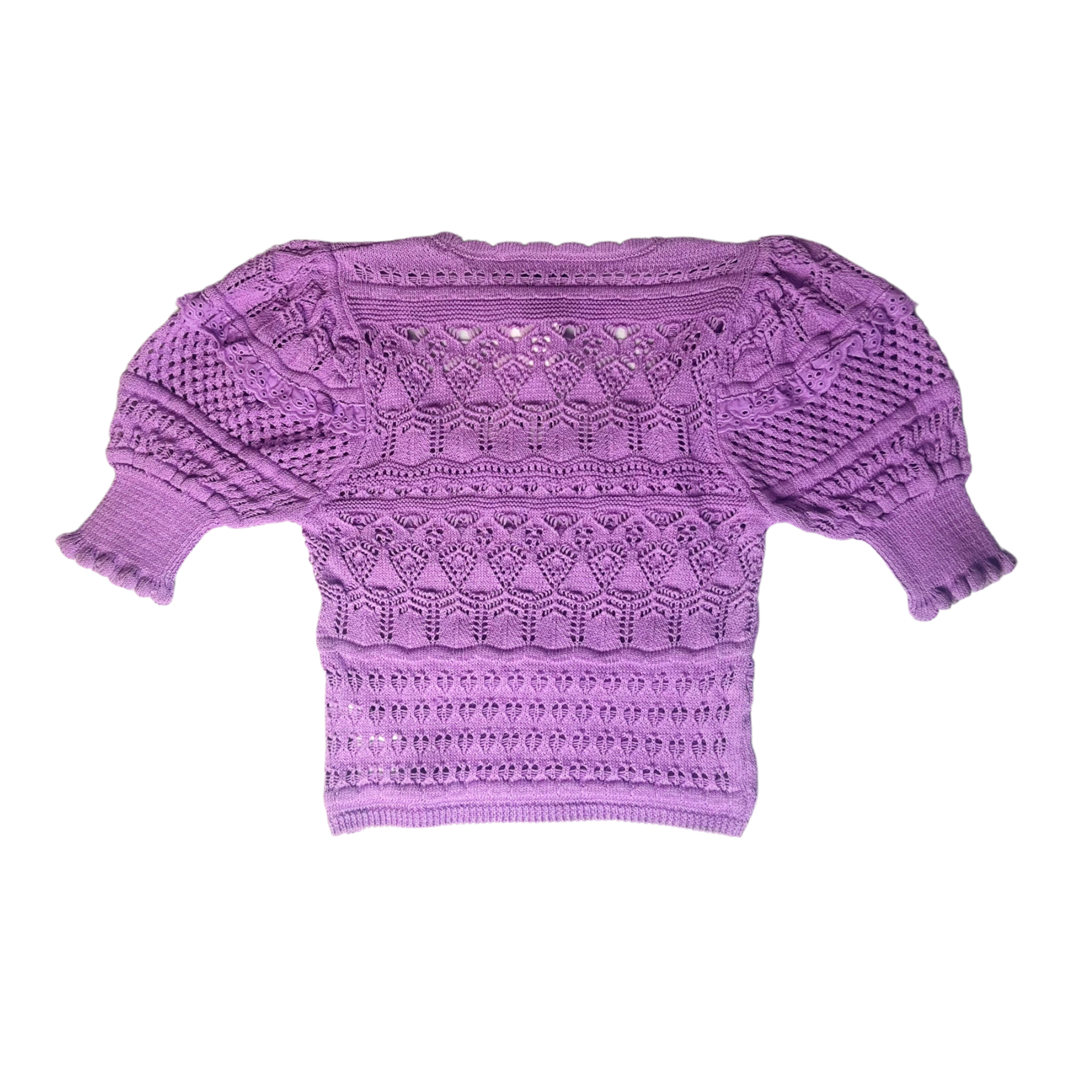 Purple Crochet Top Size S – Short Sleeve, Ruffle Detail Top