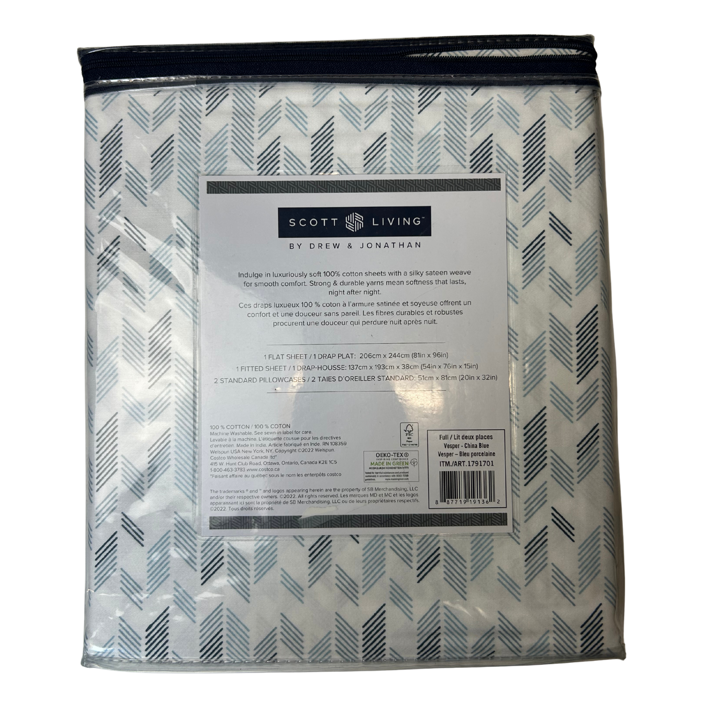 Scott Living Luxury 4-Piece Full/Double Sheet Set – 220 Thread Count, 100% Cotton Sateen, Blue & White Stripe