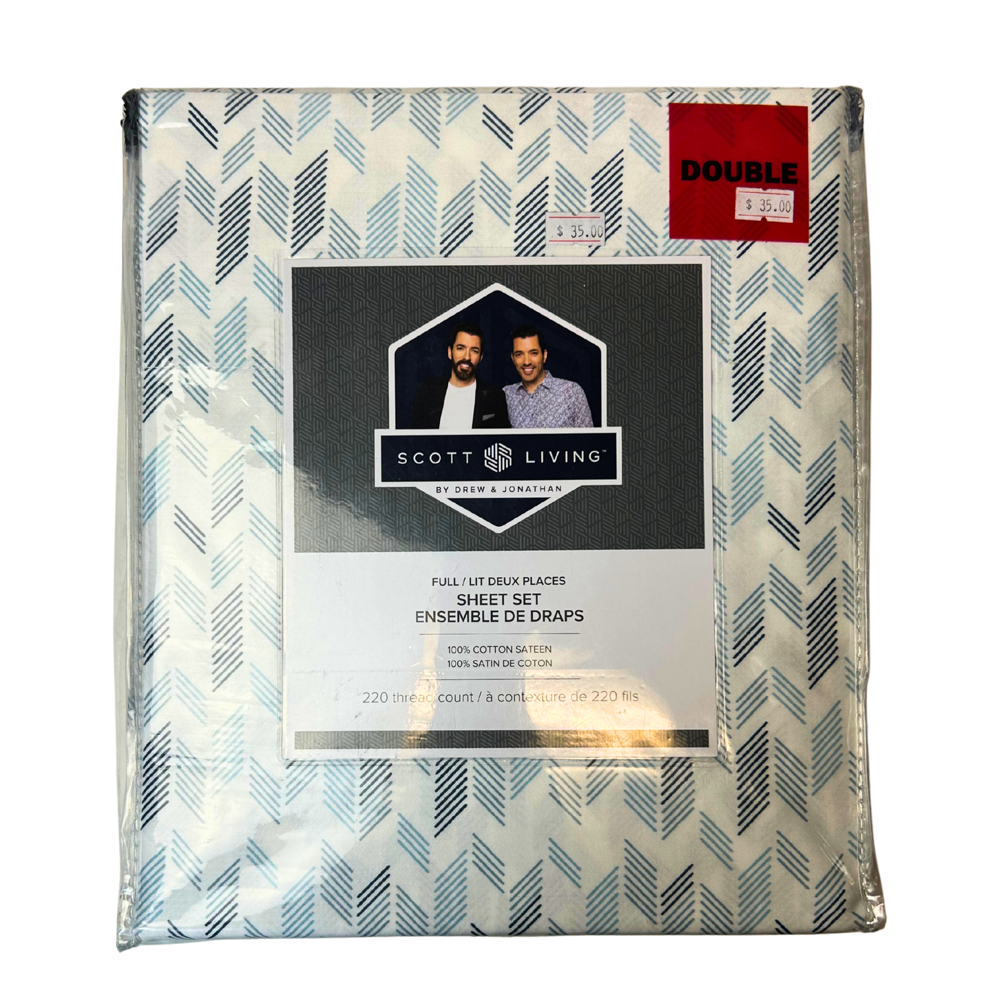 Scott Living Luxury 4-Piece Full/Double Sheet Set – 220 Thread Count, 100% Cotton Sateen, Blue & White Stripe