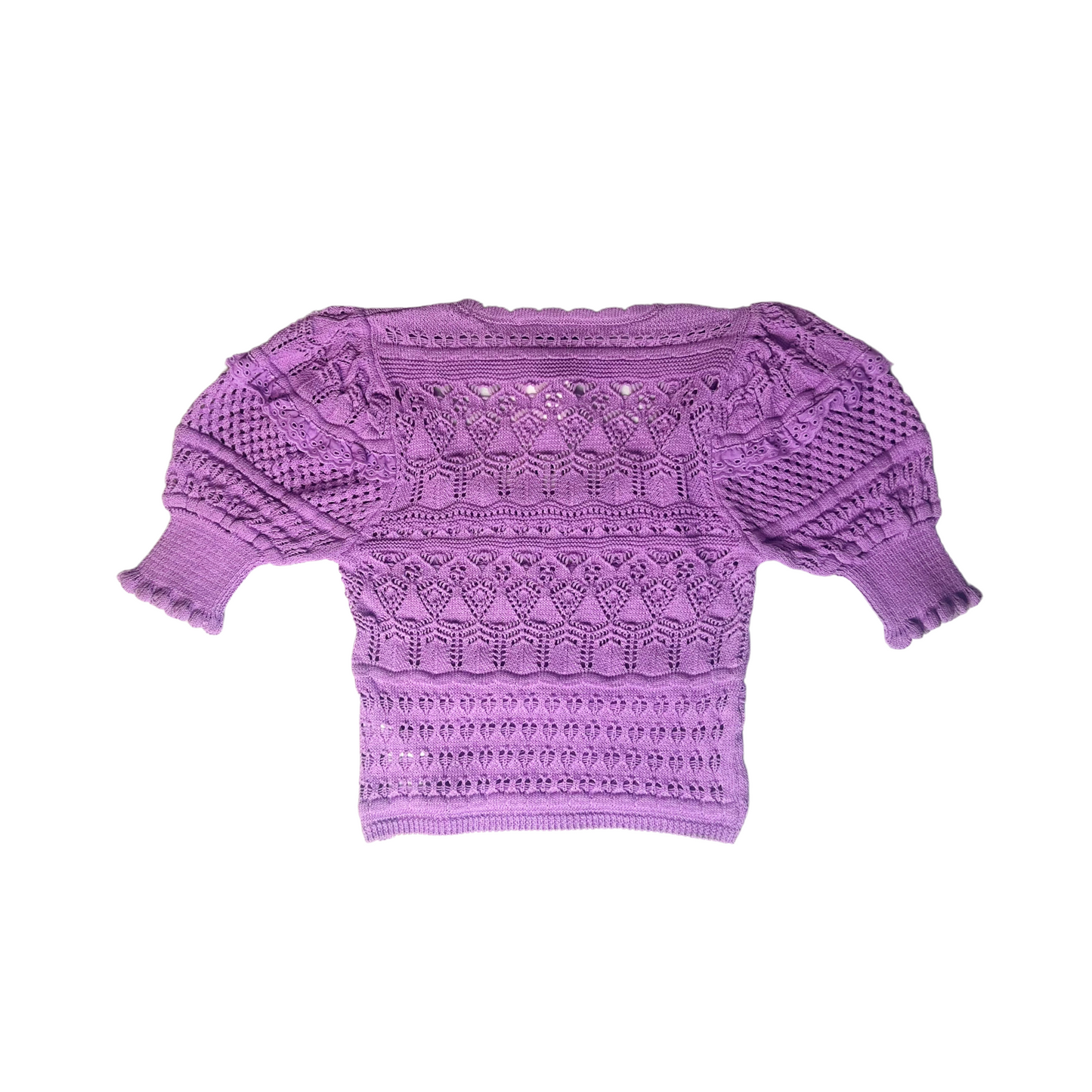 Purple Crochet Top Size S – Short Sleeve, Ruffle Detail Top