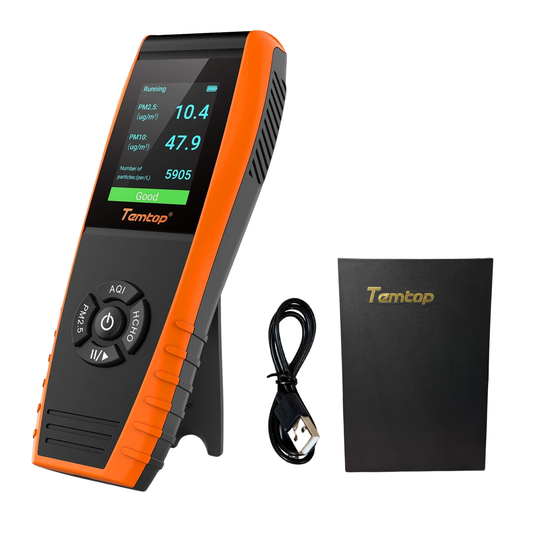 Indoor Air Quality Monitor – PM2.5/PM10, HCHO, tVOC, AQI, Temp & Humidity Meter with Data Export