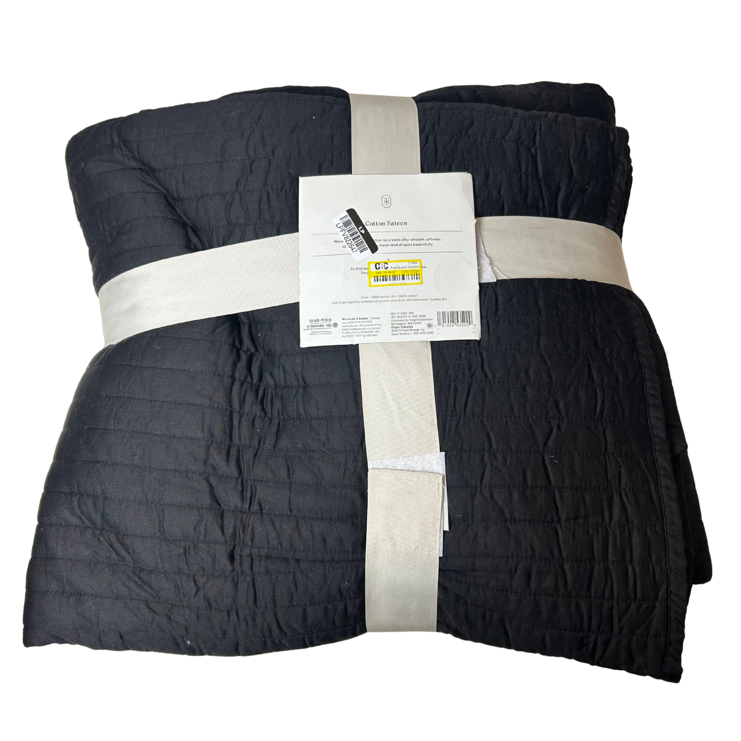 Washed Cotton Sateen Quilt Black – Full/Queen Soft Pick Stitch Bedding