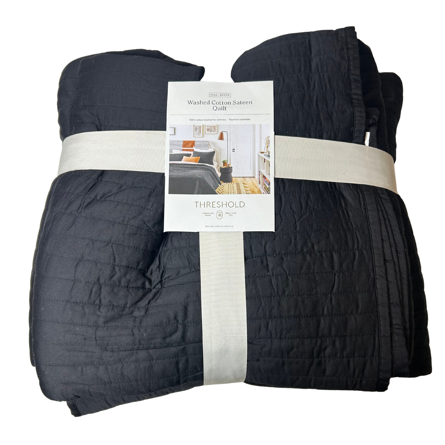 Washed Cotton Sateen Quilt Black – Full/Queen Soft Pick Stitch Bedding