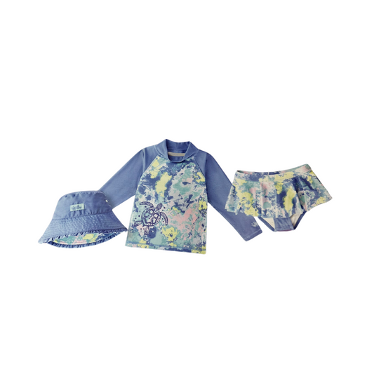 Girls 3-Piece Swimsuit Set 3T – Turtle Print, Purple, UPF 50+