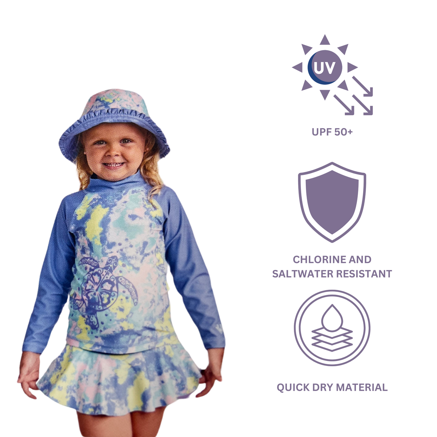 Girls 3-Piece Swimsuit Set 3T – Turtle Print, Purple, UPF 50+