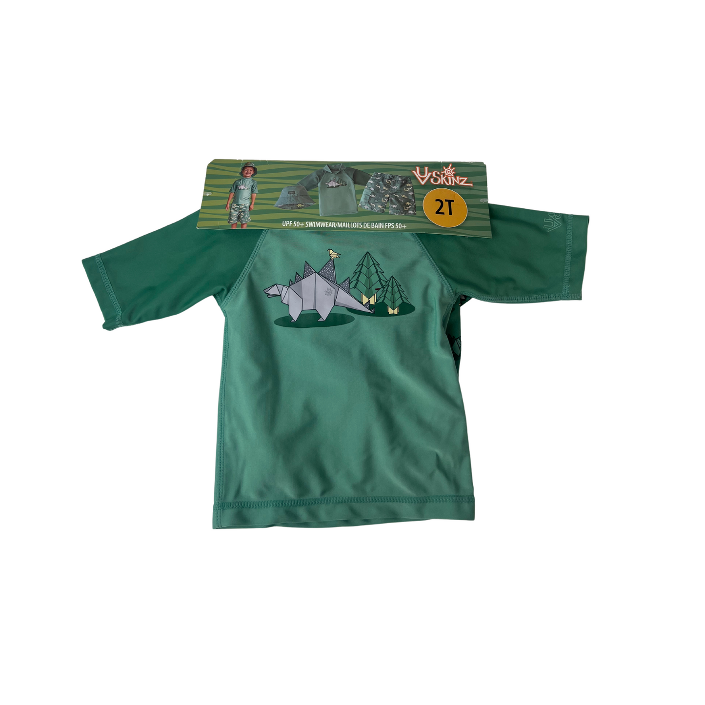 Boys 3-Piece Swimsuit Set 2T – Green Dinosaur Print, UPF 50+