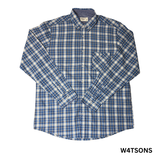 Men’s Blue Plaid Long Sleeve Button-Down Shirt – Size L