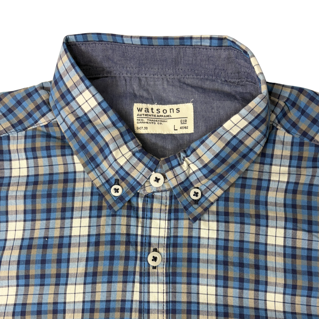 Men’s Blue Plaid Long Sleeve Button-Down Shirt – Size L