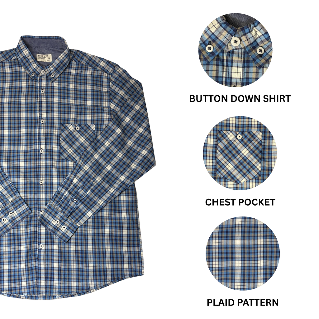 Men’s Blue Plaid Long Sleeve Button-Down Shirt – Size L