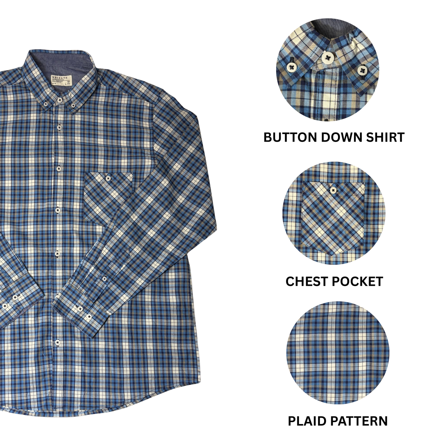 Men’s Blue Plaid Long Sleeve Button-Down Shirt – Size L