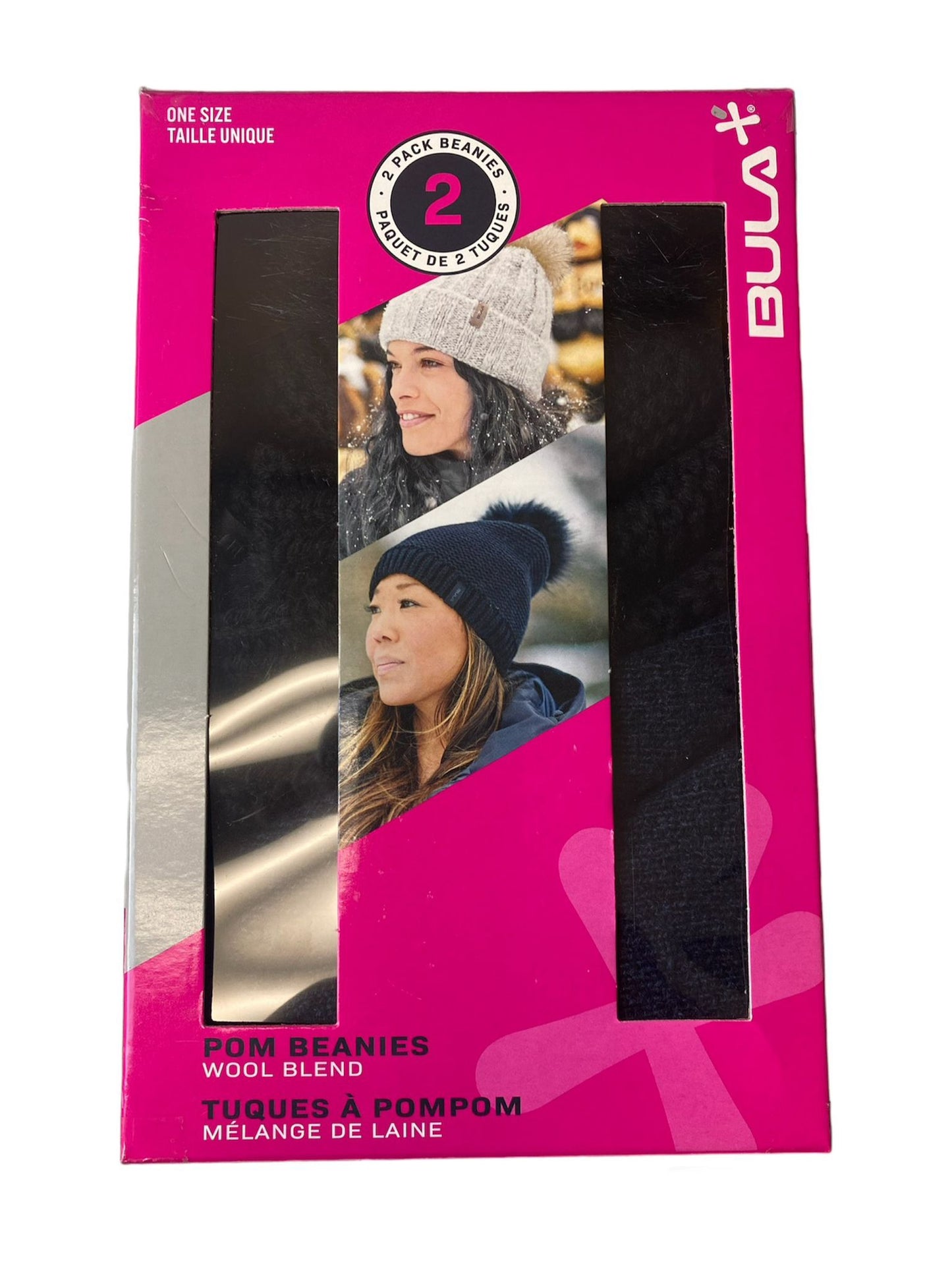 Women's Dark Blue and Black Wool Pom Beanies 2-Pack