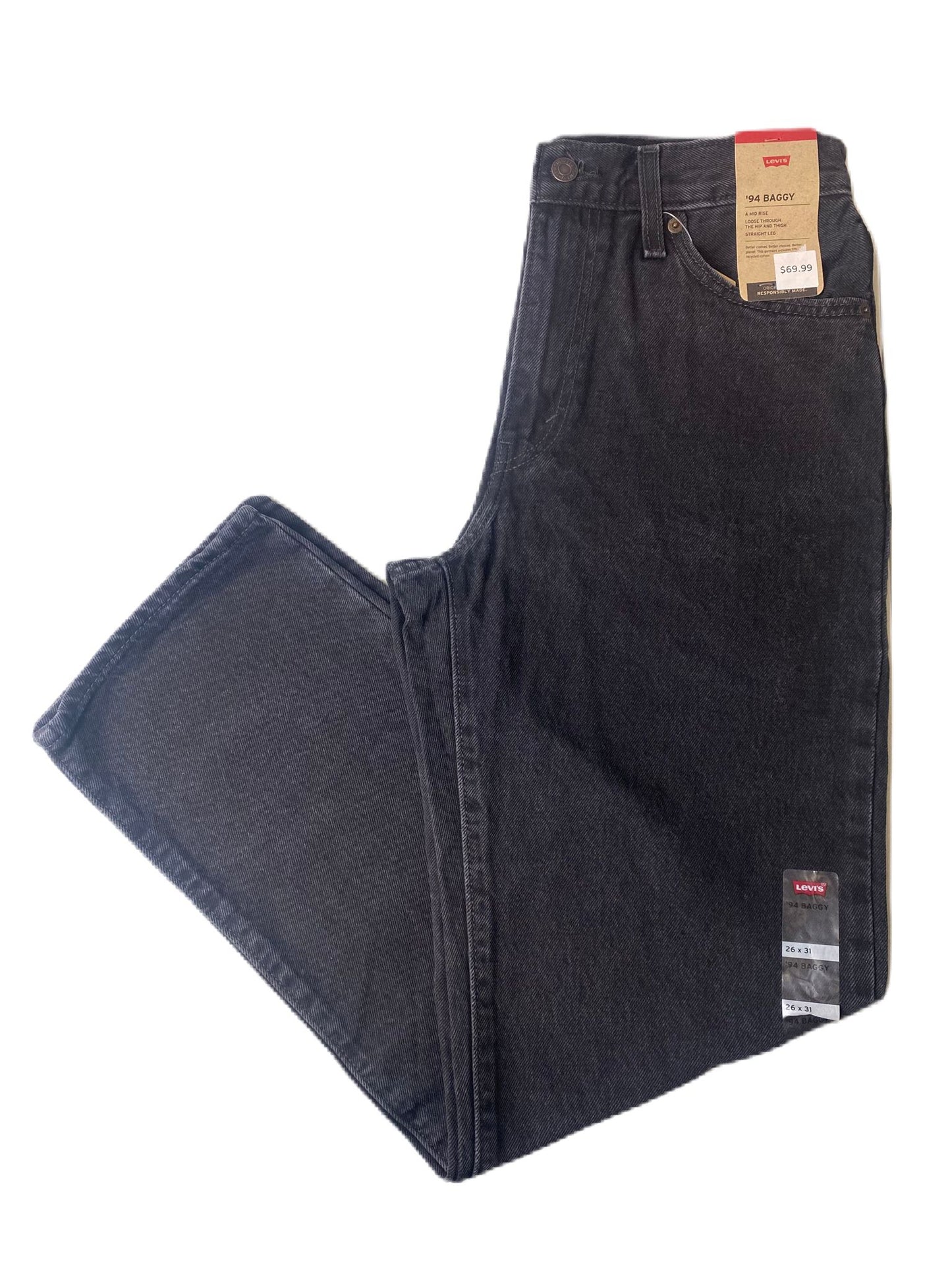 Women's Black Baggy Mid-Rise Straight Leg Jeans - 26x31