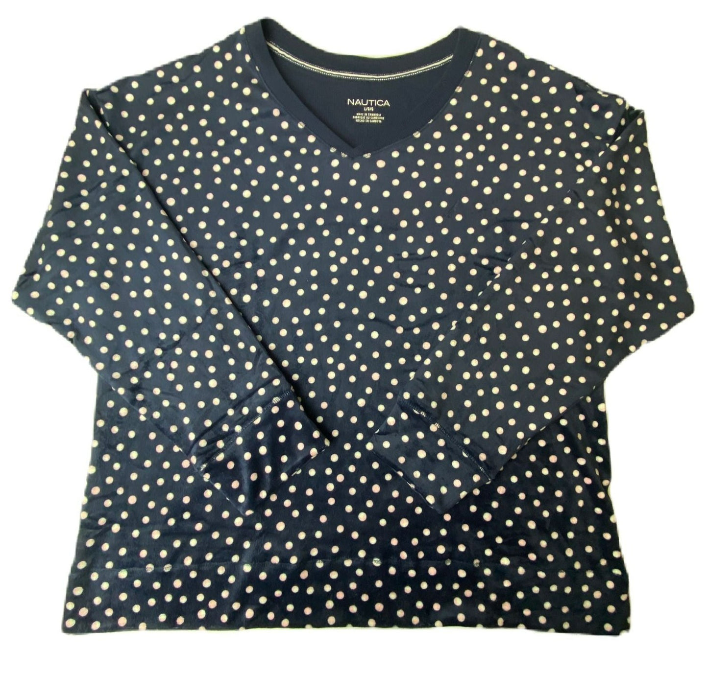 Women's Blue and Pink Polka Dot Fleece Pajama Top - L