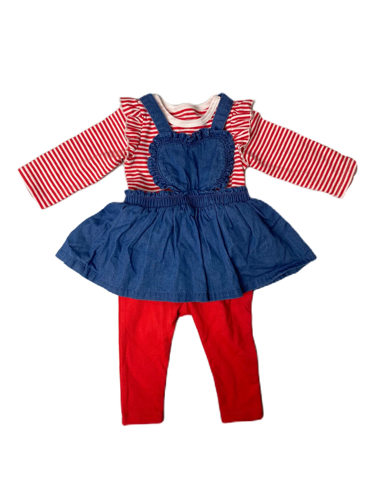 Red and White Heart Jeans Skirt 3-Piece Set - 0-3M