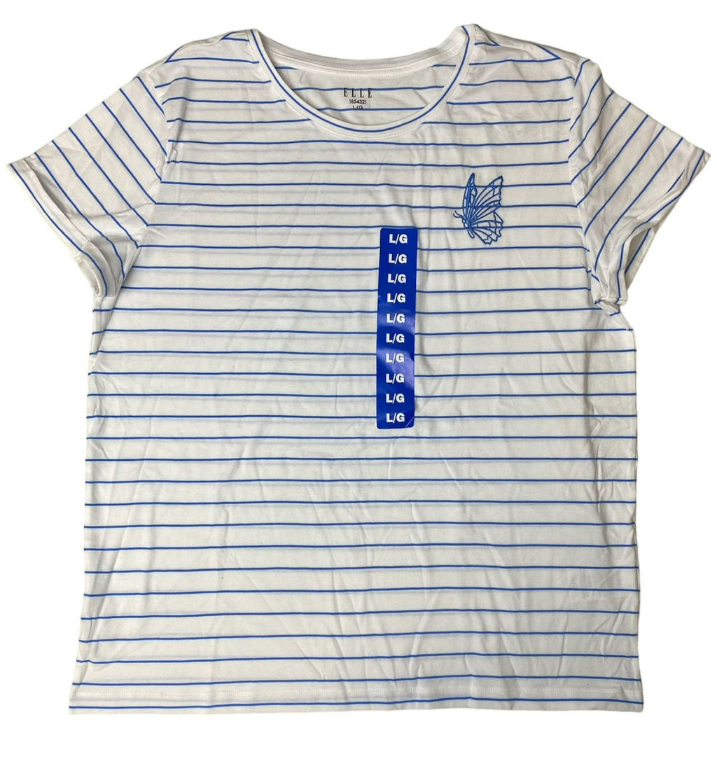 Women's Blue and White Stripe Short Sleeve Shirt - L