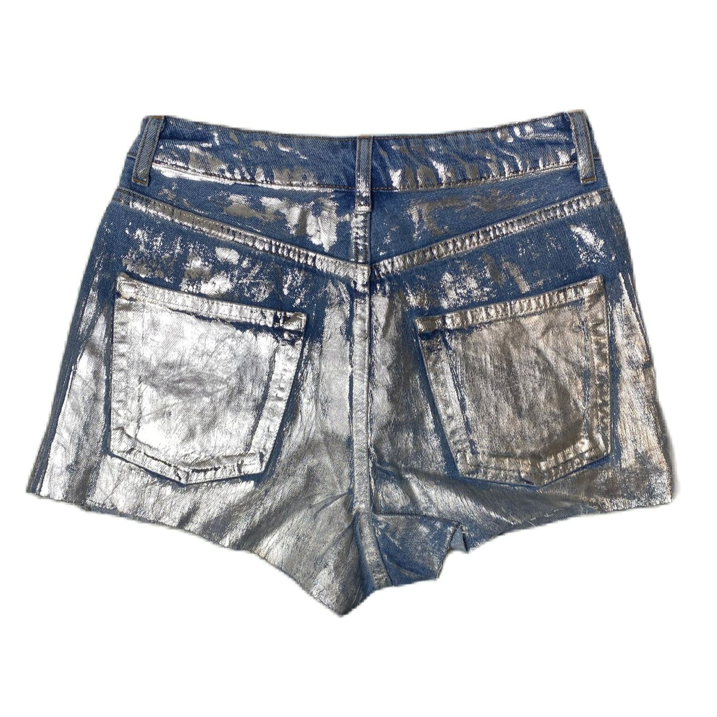 Women's Blue Silver Foil Mom Shorts - 4